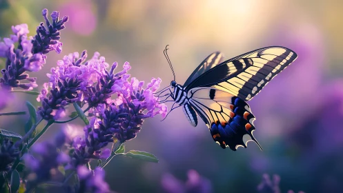 Swallowtail butterfly hovering over lilac blooms at dusk.
