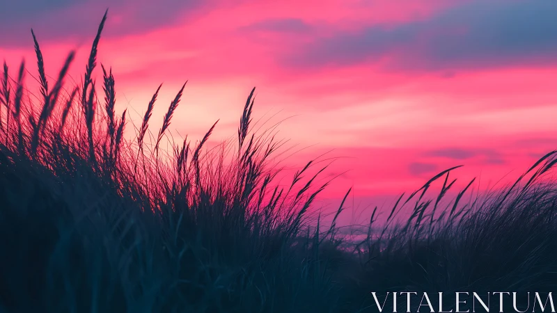 Dune grass silhouettes kissing an electric neon sunset sky.