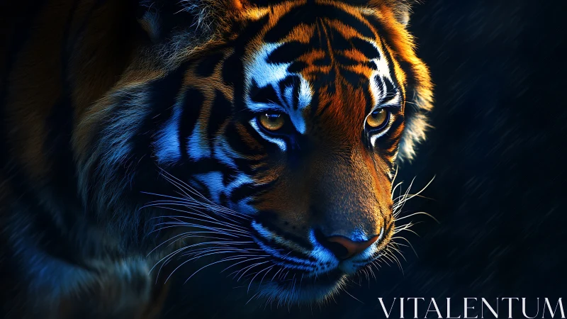 Tiger head rendered with directional blue and warm lighting
