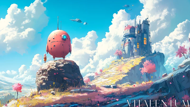 Orb-shaped rover overlooking pastel sci-fi citadel landscape.