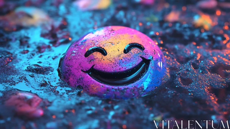Neon smiley domed button glowing in iridescent puddles.