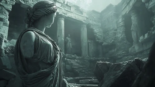 Ruined marble sanctuary with colossal draped statue in mist.