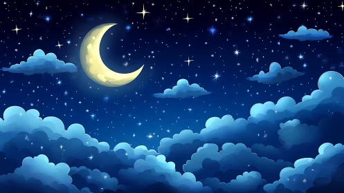 Luminous crescent moon over stratified noctilucent cloud field.