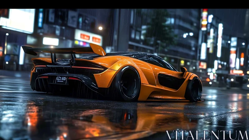 Orange widebody hypercar in rainy neon-lit urban streetscape