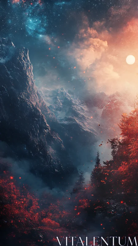 Dreamlike cosmic mountains wrapped in glowing red forest.