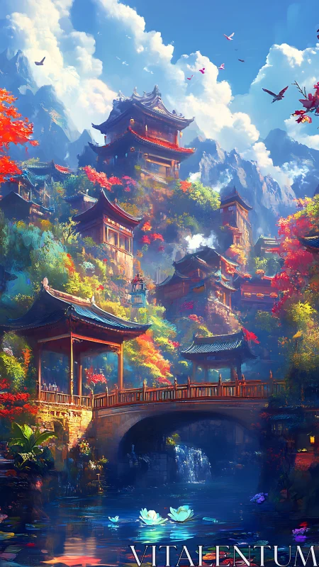 Sunlit mountain pagoda haven above a glowing waterway.