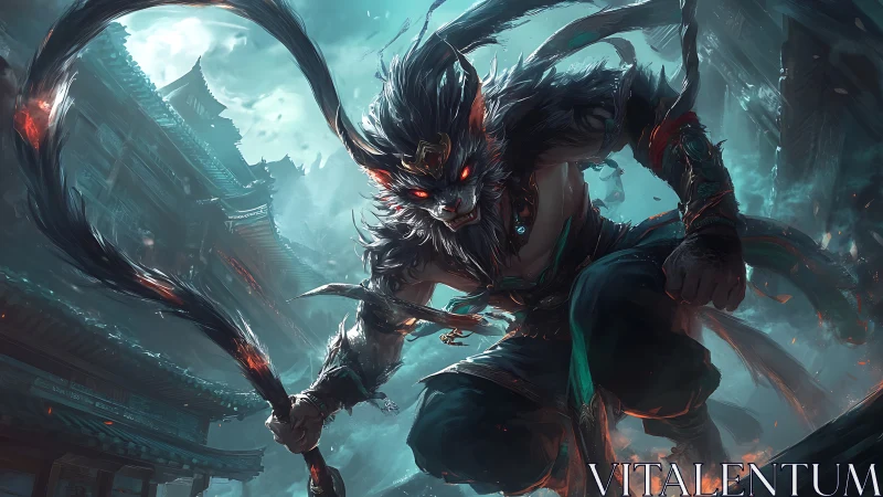 Demonic simian warrior lunges forward in neon storm