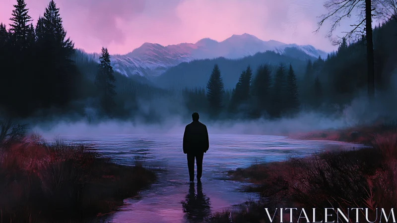 Solitary dreamer drifts toward misty mountains in neon dusk