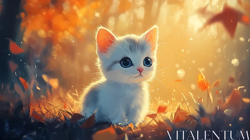 White Kitten Glowing Amid Autumn Leaves.