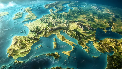 Rendered oblique satellite-style view depicts Europe region