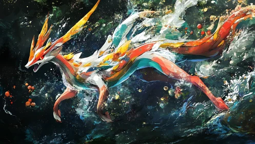 Mythical dragon-like creature charging through turbulent water