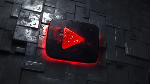 3D YouTube Play Button Icon with Neon Red Glow on Dark Tiles.