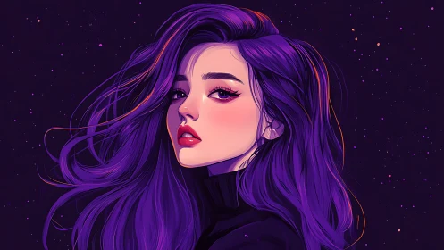 Violet haired girl gazes through a dreamy cosmic night