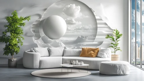 Parametric living room with surreal 3D wall relief sphere.