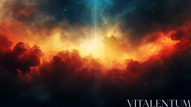 Digital nebula skyline with luminous vertical beam focus.