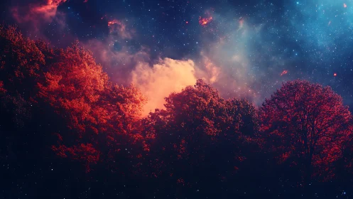 Red forest silhouette contrasts against bright starry nebula