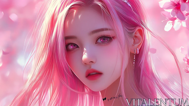 Dreamy pink haired girl beneath soft cherry blossoms.