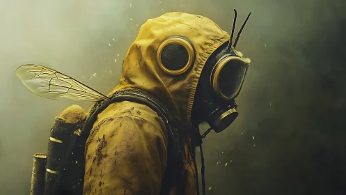Hybrid insectoid hazmat figure with gas mask in toxic haze