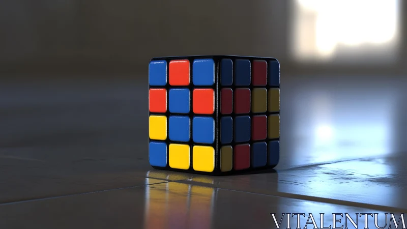 Colorful Rubik&rsquo;s cube on reflective floor in soft light.