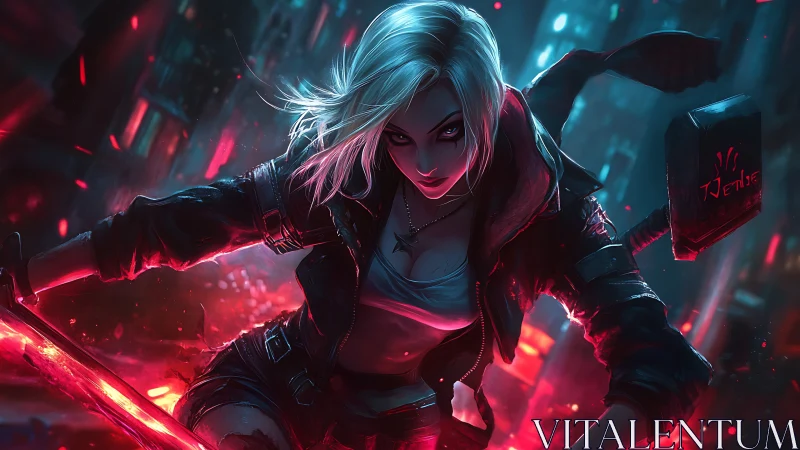 Female fighter advances through neon-lit cyberpunk street