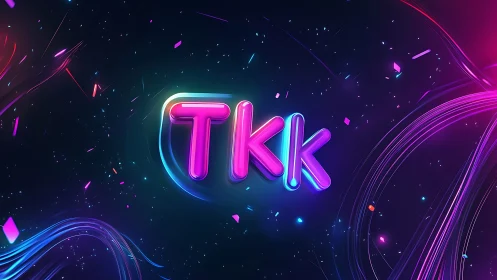 Neon TKK letterforms appear centered on a dark abstract field