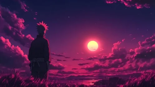 Silhouetted figure observing vivid magenta sunset sky.