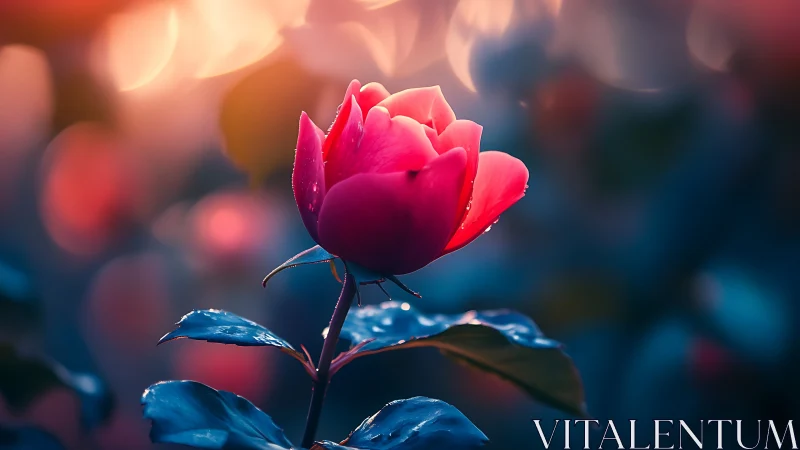 Red Rose Glowing Against Bokeh Background.