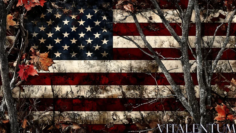 Weathered American flag quietly blends with autumn forest