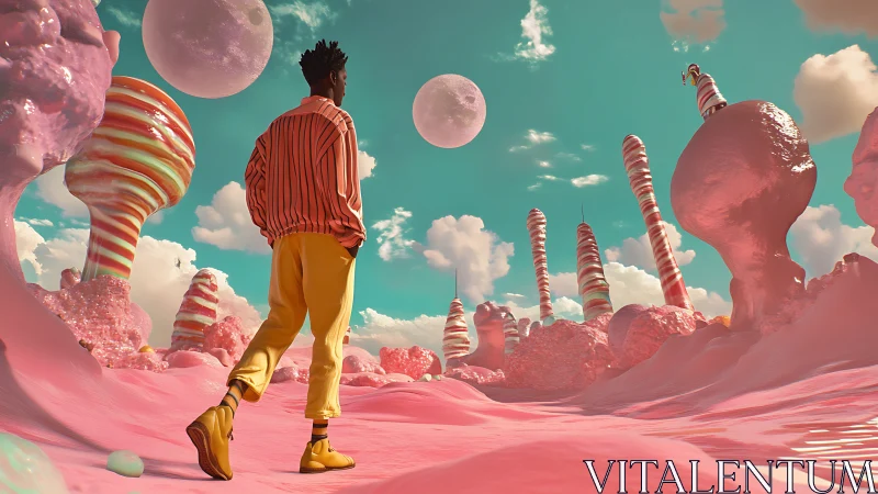 Person walking in stylized pink fantasy landscape under moons.