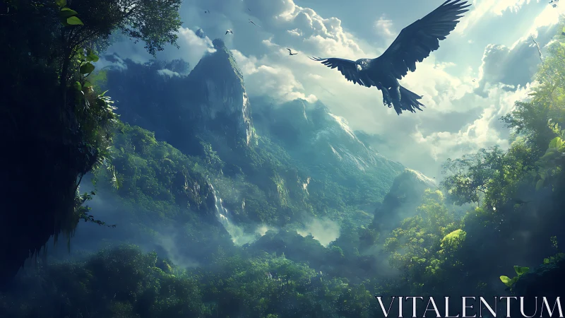 Sky-soaring raven above mist-clad emerald jungle peaks.