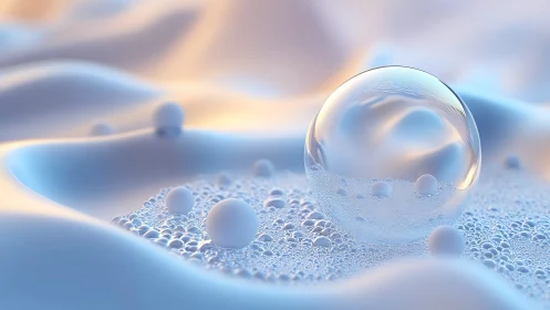 Glass sphere rests on pastel foam dunes under soft light.