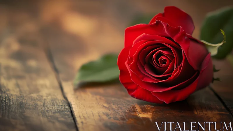 Vibrant Red Rose on Weathered Wood Surface