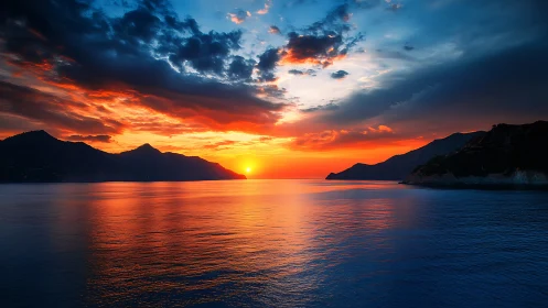 Photorealistic coastal sunset with silhouetted mountain horizons.
