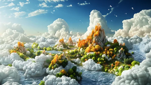 Floating Island Archipelago in Cumulus Cloud Sea Landscape