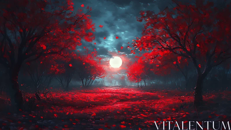 Red forest landscape under full moon with dark horizon.