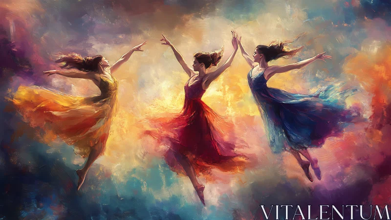 Chromatic triptych of levitating dancers in turbulent light fields.