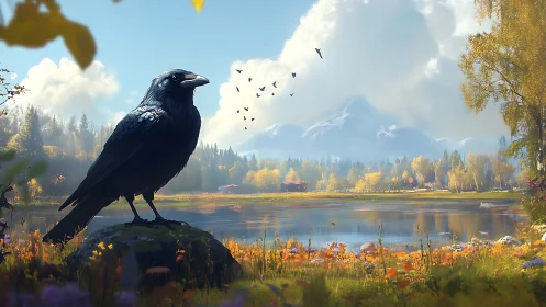 Black crow surveys alpine lake in luminous autumn atmosphere