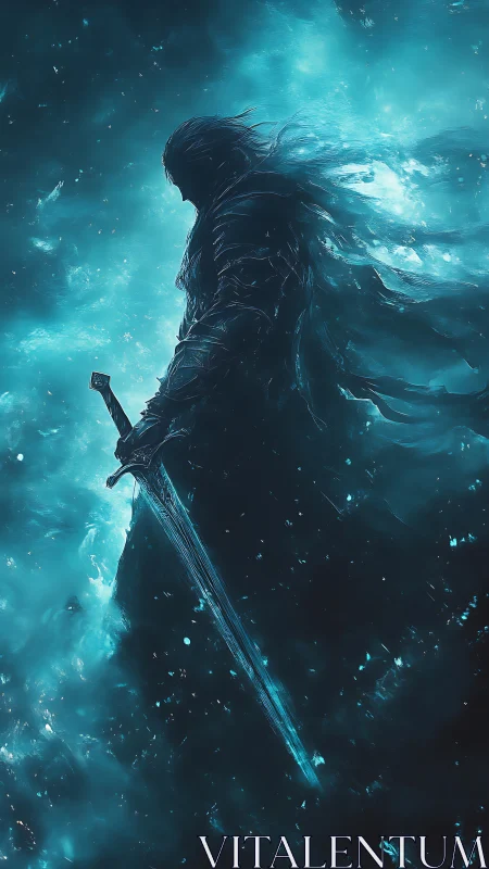 Lone spectral warrior stands within swirling teal starlight