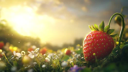 Sunlit strawberry glows among tiny flowers at dawn.