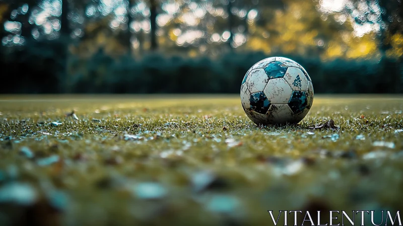 Weathered soccer ball on dewy grass with shallow depth focus