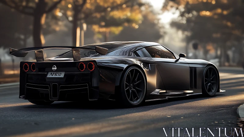 Black NS50 sports car on city road at golden sunset.