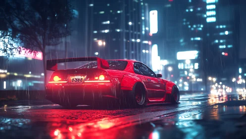 Red tuner car idles in neon-soaked rainy cyberpunk avenue