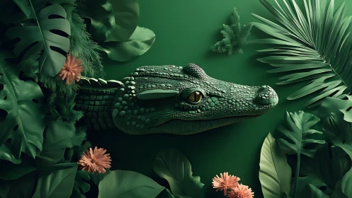 Emerald crocodile head emerging from stylized jungle foliage.