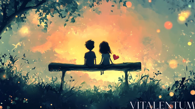 Two Children Silhouetted Against Golden Sunset.