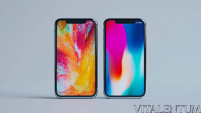 Two modern smartphones with colorful abstract screens.