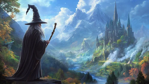 Fantasy wizard overlooking alpine citadel in panoramic digital painting.