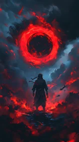 Digital painting of lone warrior beneath infernal eclipse sky.