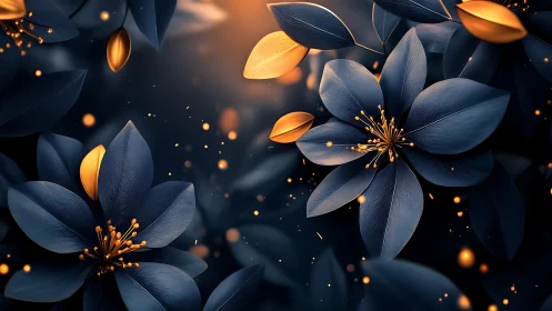 Midnight blossoms glowing with soft golden starlight.