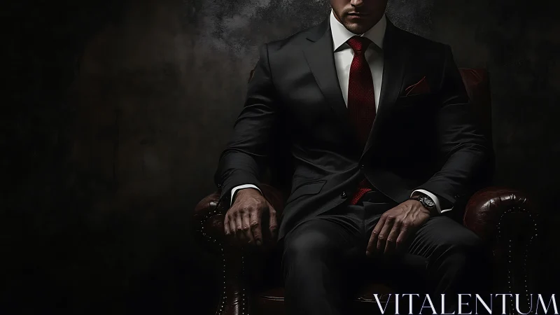 Powerful man in dark suit seated in dramatic shadowed room.