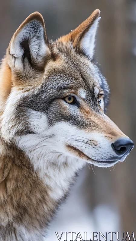 Calm winter wolf gazes ahead with quiet, focused strength